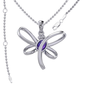 Serenity Soars: Eternal Dragonfly Sterling Silver Pendant with Oval Gemstone Connection by Peter Stone Jewelry - Inspiring Your Journey to Success TPD6212 - Jewelry